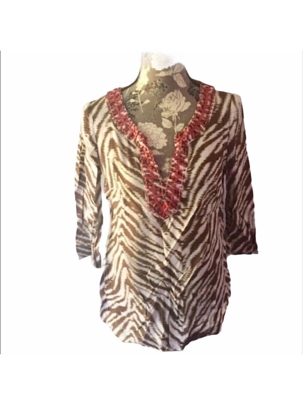 LOFT Brown Animal Print Beaded 3/4 sleeve Blouse small